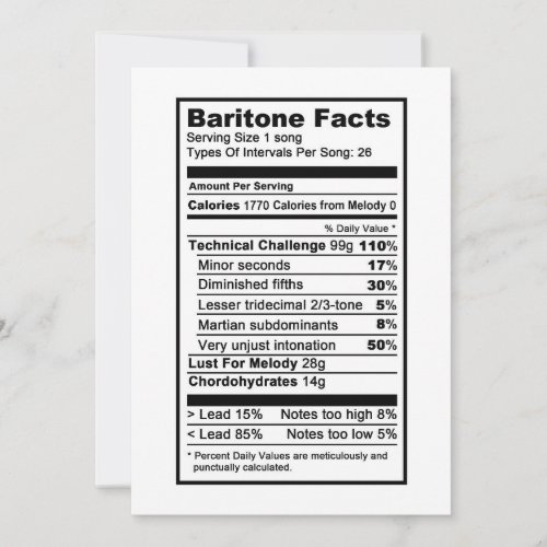 Baritone Nutritional Information Label Card