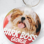 Bark Boss Pet Dog Photo Modern Cool Simple Keychain<br><div class="desc">Design is simple with a simple color background and sans serif typography for a superhero look.</div>