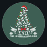 Bark Christmas Dog Novelty Classic Round Sticker<br><div class="desc">Christmas dog novelty in simulated ugly sweater design with dog silhouettes in the shape of a Christmas tree with Bark the herald angels sing in white uppercase font. Topped with a red Santa hat.</div>