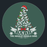 Bark Christmas Dog Novelty Classic Round Sticker<br><div class="desc">Christmas dog novelty in simulated ugly sweater design with dog silhouettes in the shape of a Christmas tree with Bark the herald angels sing in white uppercase font. Topped with a red Santa hat.</div>