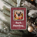 Bark Humbug | Custom Pet Dog Photo Christmas Ornament<br><div class="desc">Adorable Christmas ornament features a favorite photo of your pet with the caption "bark humbug" beneath in white retro lettering on a cranberry red background with tonal snowflakes. Personalize with the year beneath.</div>