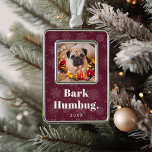 Bark Humbug | Custom Pet Dog Photo Christmas Ornament<br><div class="desc">Adorable Christmas ornament features a favorite photo of your pet with the caption "bark humbug" beneath in white retro lettering on a burgundy plum background with tonal snowflakes. Personalize with the year beneath.</div>