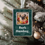 Bark Humbug | Custom Pet Dog Photo Christmas Ornament<br><div class="desc">Adorable Christmas ornament features a favorite photo of your pet with the caption "bark humbug" beneath in white retro lettering on a forest green background with tonal snowflakes. Personalize with the year beneath.</div>
