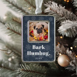 Bark Humbug | Custom Pet Dog Photo Christmas Ornament<br><div class="desc">Adorable Christmas ornament features a favorite photo of your pet with the caption "bark humbug" beneath in white retro lettering on a navy blue background with tonal snowflakes. Personalize with the year beneath.</div>
