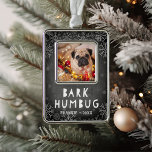 Bark Humbug | Pet Photo Christmas Ornament<br><div class="desc">Adorable Christmas ornament features a favorite photo of your pet with the caption "bark humbug" beneath in white on a chalkboard background adorned with snowflakes. Personalize with your dog's name and the year along the bottom.</div>