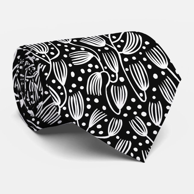 Barkcloth Style Pattern - White on Black Neck Tie (Rolled)