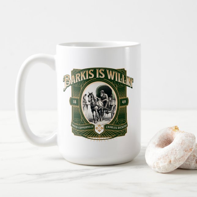 Barkis is Willin' Green Gold Literary Coffee Mug (With Donut)