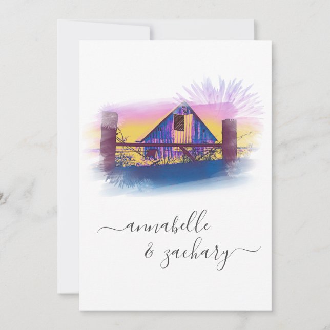 *~* Barn American Flag AR19 QR RSVP Wedding Invitation (Front)