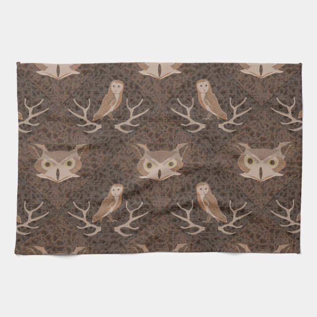 Barn and Hoot Owl Over a Brown Moss Pattern Kitchen Towel (Horizontal)