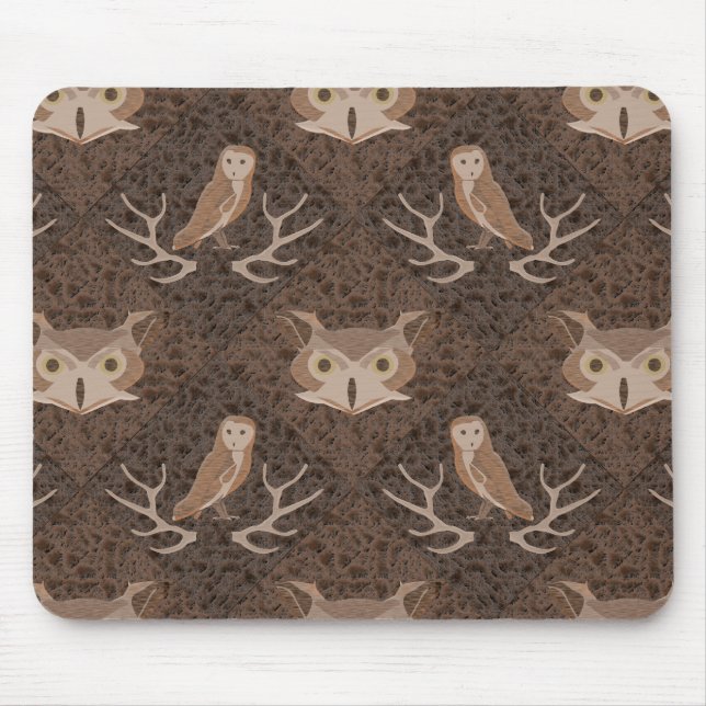Barn and Hoot Owl Over a Brown Moss Pattern Mouse Pad (Front)