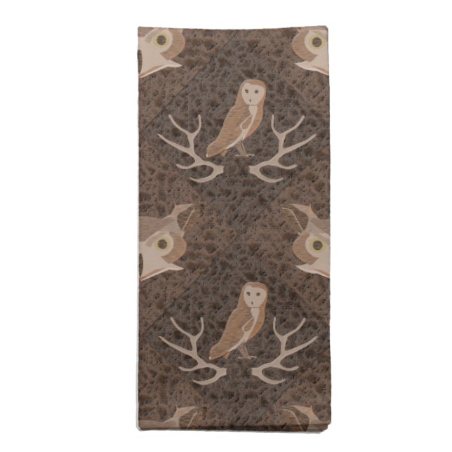 Barn and Hoot Owl Over a Brown Moss Pattern Napkin (Folded)