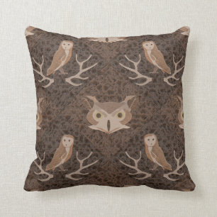 Barn and Hoot Owl Over a Brown Moss Pattern Throw Pillow
