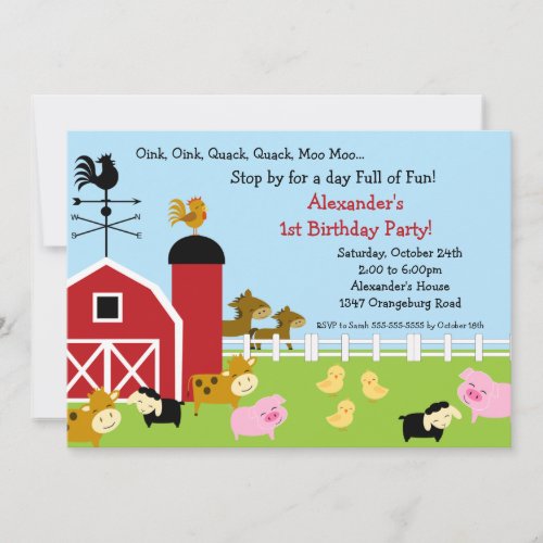 Barn Animal Fun Birthday Party Invite