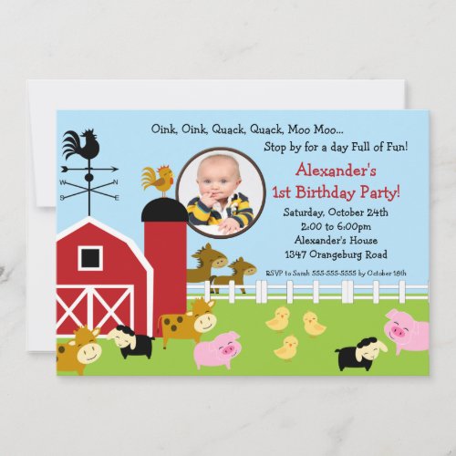 Barn Animal Fun Photo Birthday Party Announcement