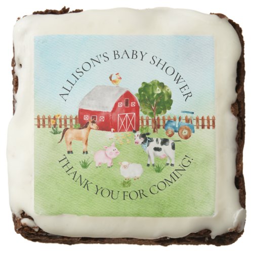 Barn Animals  Baby Shower Brownie - Baby shower thank you design featuring a cute barnyard farm animal scene