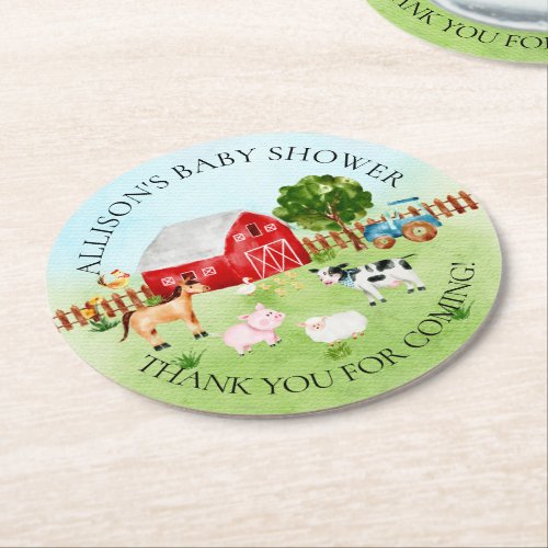 Barn Animals  Baby Shower Thank You Round Paper Coaster - Baby shower thank you sticker featuring a cute barnyard farm animal scene