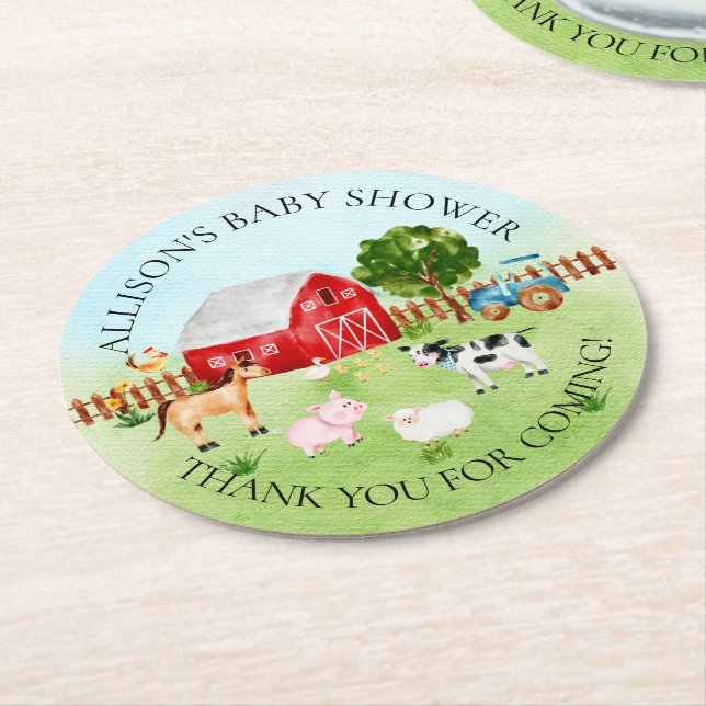 Barn Animals  Baby Shower Thank You Round Paper Coaster (Angled)