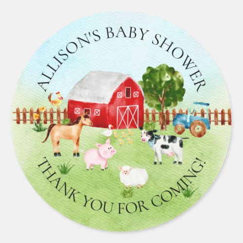 Barn Animals  Baby Shower Thank You Sticker - Baby shower thank you sticker featuring a cute barnyard farm animal scene