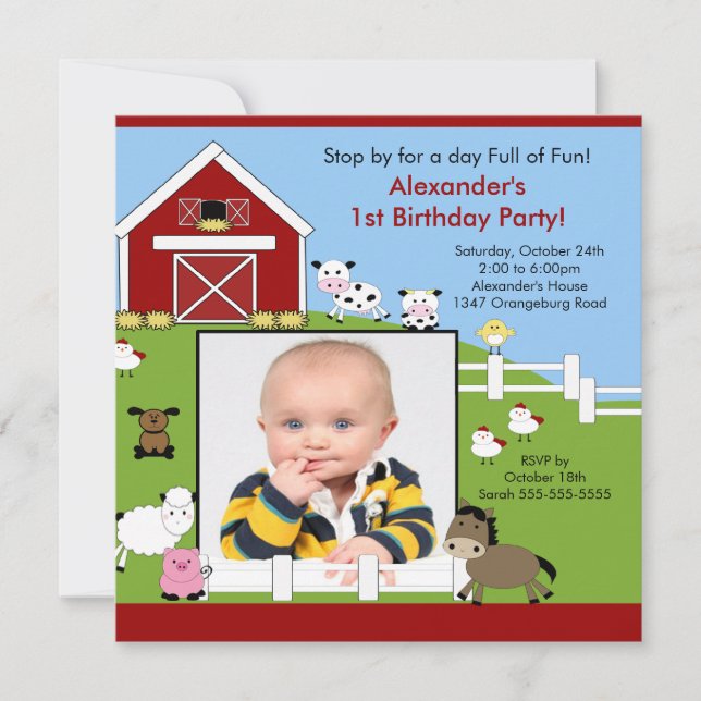 Barn Animals Fun1st Birthday Photo Invitation (Front)