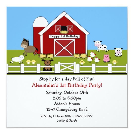 Barn Animals Fun 1st Birthday Card