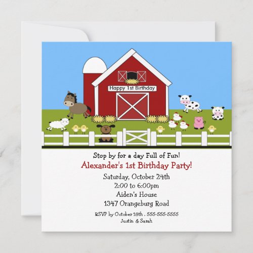 Barn Animals Fun 1st Birthday Invitation