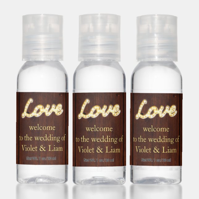 Barn Board Marquee Lights Wedding Hand Sanitizer (Set)