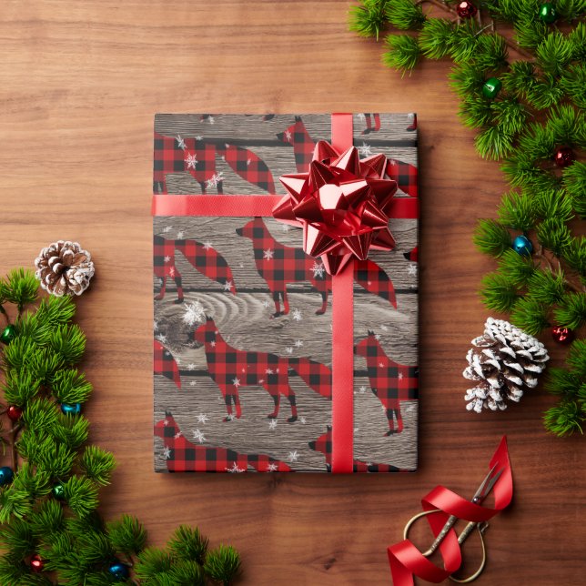 Barn Board Snowy Buffalo Plaid Red Fox Wrapping Paper (Holiday Gift)