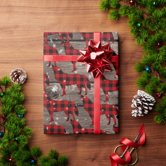 Barn Board Snowy Buffalo Plaid Wolf Howling Wrapping Paper (Holiday Gift)