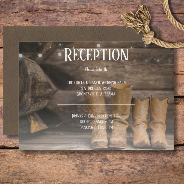 Barn & Boots Rustic Cowboy Western Reception Enclosure Card (Rustic Boots for Two Cowboy Wedding Reception Enclosure Card)