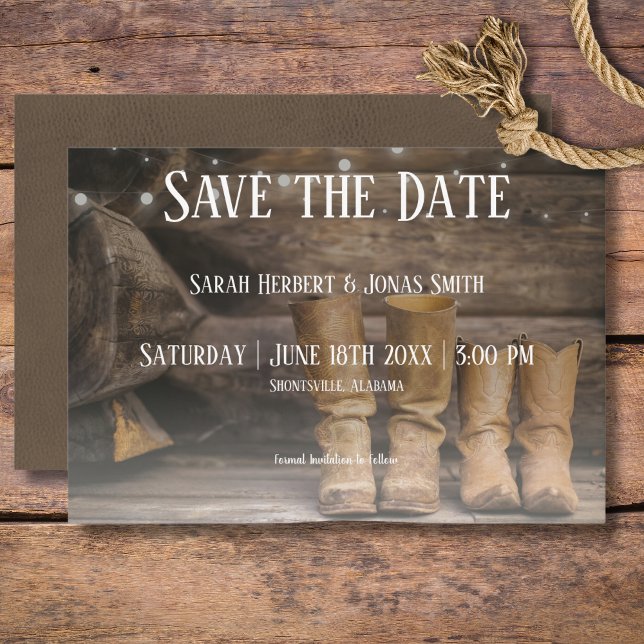 Barn & Boots Rustic Cowboy Western Wedding Save The Date (Rustic Boots for Two Cowboy Wedding Save The Date)
