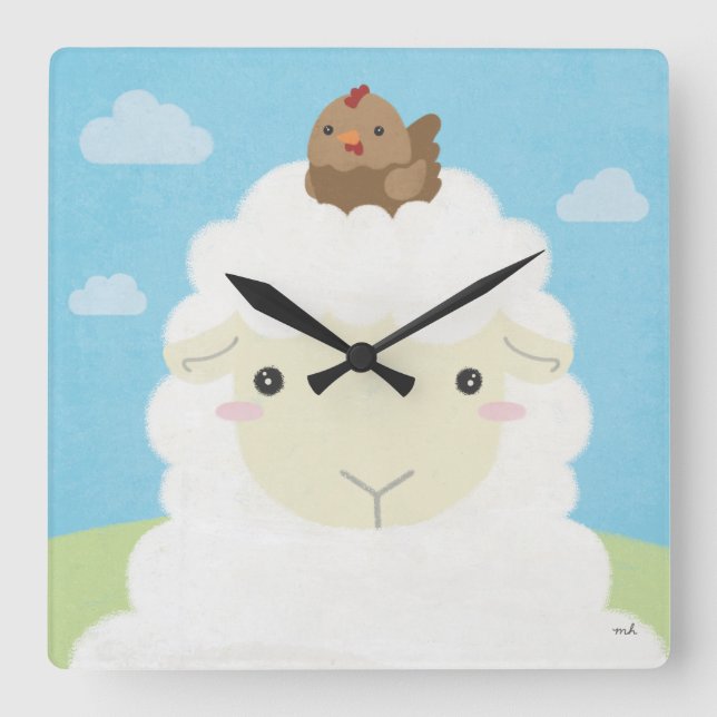 Barn Buddies - Sheep & Chick Square Wall Clock (Front)