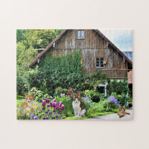 Barn Cats with Flower Garden Collage Art Jigsaw Puzzle