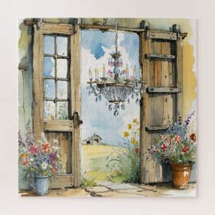 Barn Chandelier and Farm View Floral Watercolor Jigsaw Puzzle