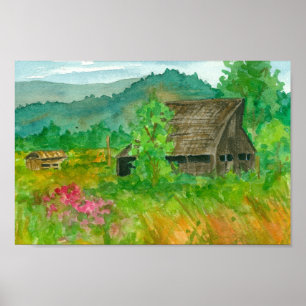 Barn Country Landscape Sweet Peas Watercolor Art Poster