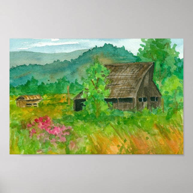Barn Country Landscape Sweet Peas Watercolor Art Poster (Front)
