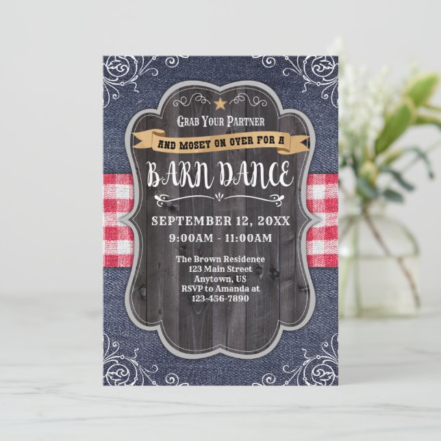 Barn Dance Denim Wood Rustic Invitation (Standing Front)