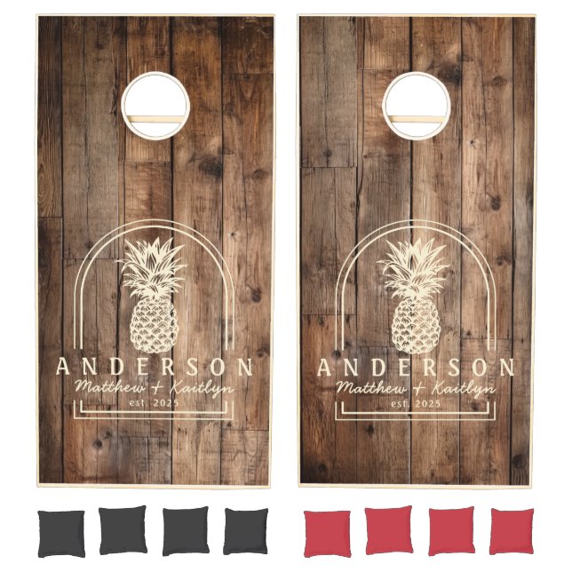Barn Floor Boards Pineapple Wedding Arch & Name Cornhole Set (Set)
