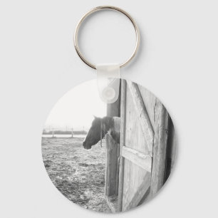 Barn Horse Black and White Photography Keychain