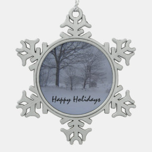 Barn in a Maine Snow Storm Snowflake Pewter Christmas Ornament