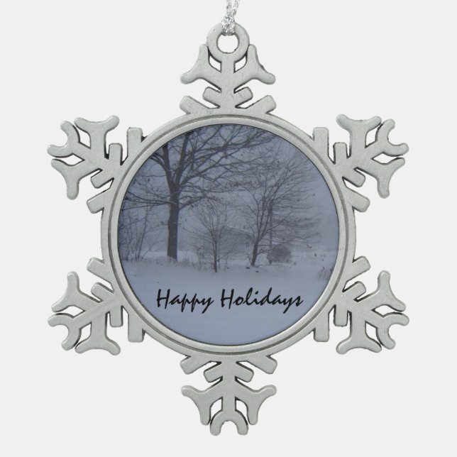 Barn in a Maine Snow Storm Snowflake Pewter Christmas Ornament (Front)
