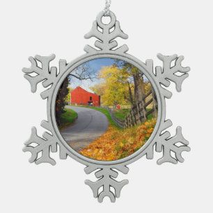 Barn in Fall Snowflake Pewter Christmas Ornament