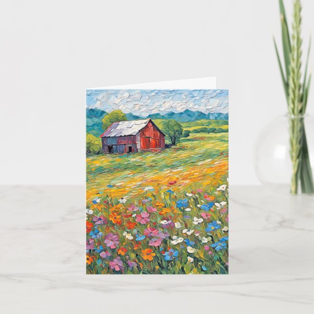 Barn In Wildflower Field Note Card (Front)