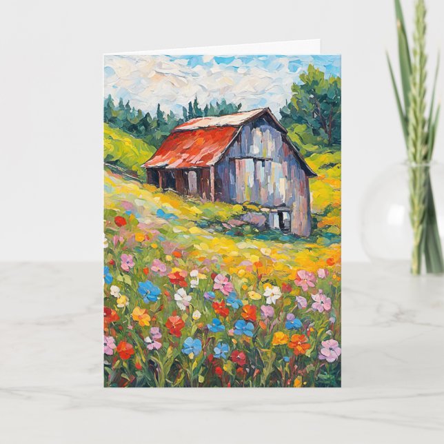 Barn In Wildflowers Thinking of You Card (Front)