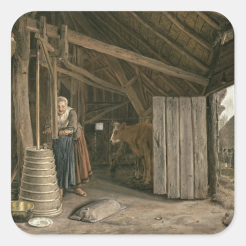 Barn Interior with a Maid Churning Butter Square Sticker