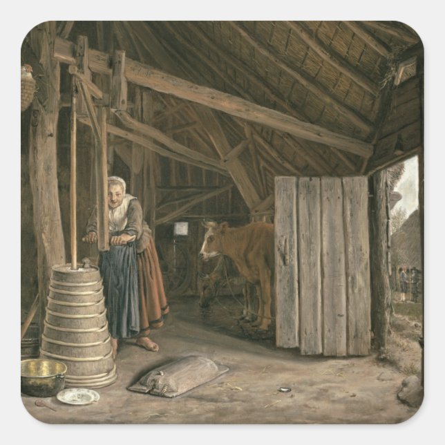 Barn Interior with a Maid Churning Butter Square Sticker (Front)