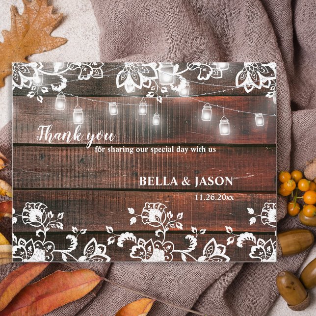 Barn Lace Wood Rustic Chic Wedding Thank You Postcard (Rustic Wood String Lights Wedding Thank You Card | Barn Lace Wood Rustic Chic Thank You)