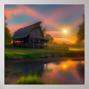 Barn near pond at Sunset Poster