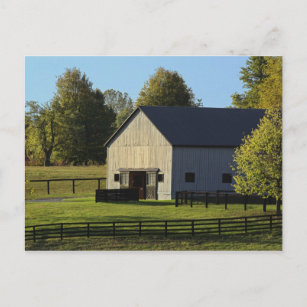 Barn on thoroughbred horse farm at sunrise, postcard