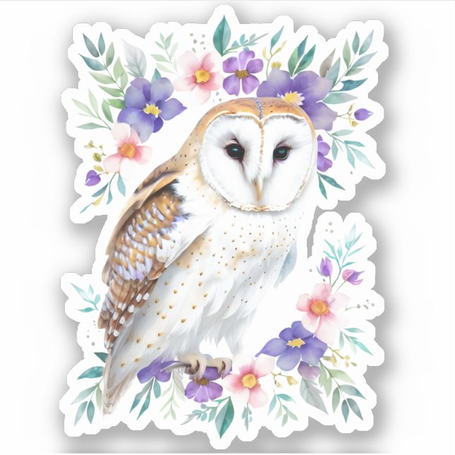 Barn Owl and Wildflowers Woodland Bird Sticker (Front)