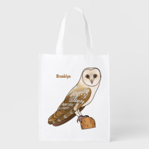 Barn owl bird cartoon illustration grocery bag